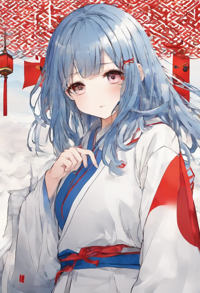 1girl, roupa: saia jeans azul, White sweater drawing flag of Japan, cabelo vermelho, cabelo longo, Saying goodbye with your hands, obra-prima, melhor qualidade, altamente detalhado