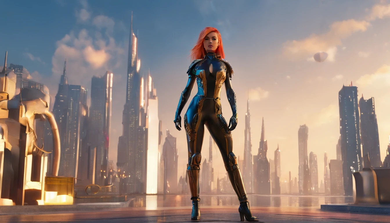 (((best quality))), (((masterpiece))), solo, super fine photo, full body picture Unreal Engine 5 8K UHD, beautiful girl, face detailed, wearing skin tight metallic latex catsuit with gold lace, latex collar, latex gloves, latex long socks with straps, arm and leg cuffs, unified 8k wallpaper, hyper detailed, sharp focus, walking in the futuristic city.