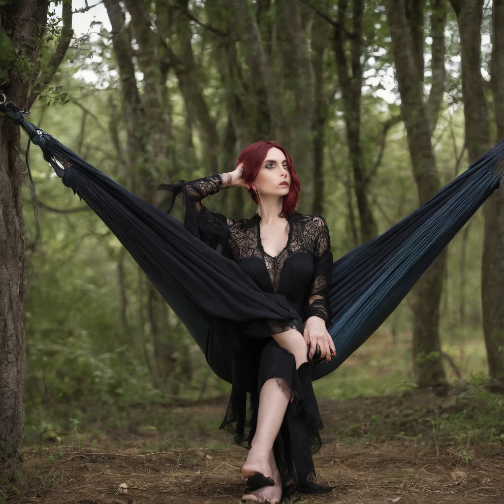 Girl with symbolic clothes of gothic hammock, 。.com (Arame farpado do corpo) cabelos morenos，Extremidades dos cabelos grisalhos