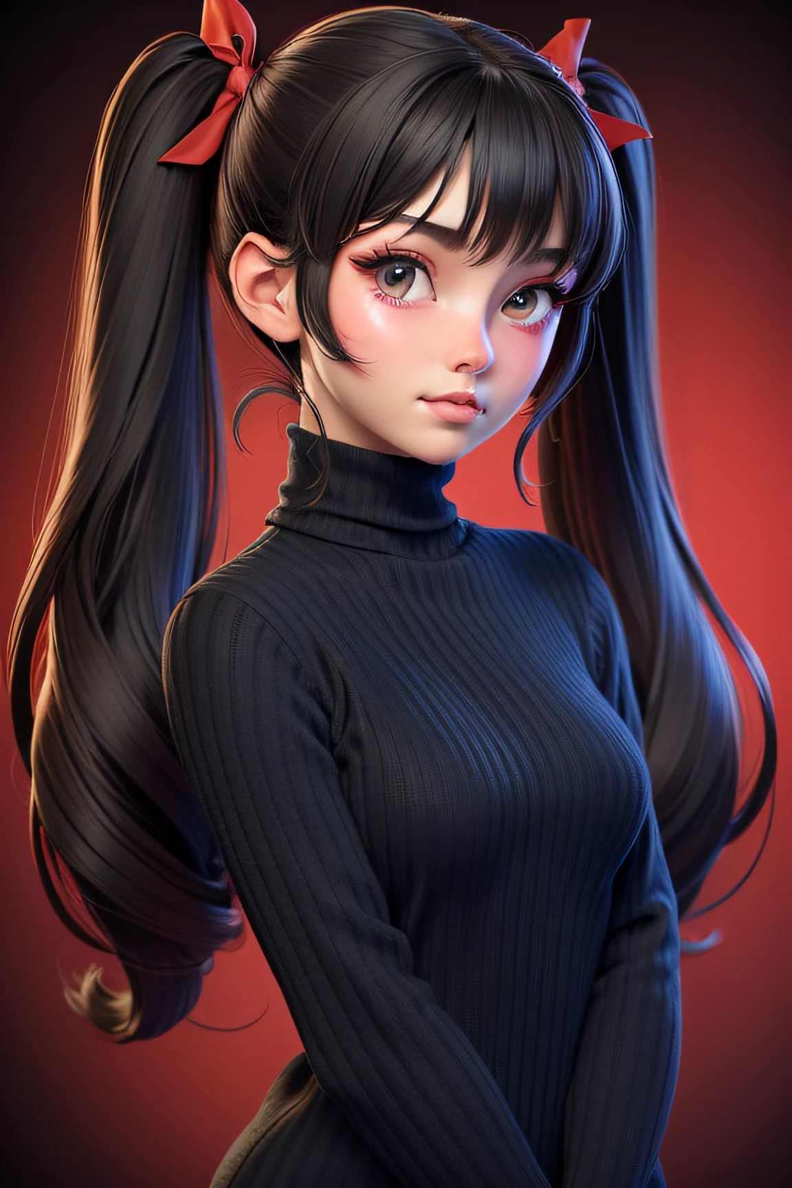1girl, tohsaka rin, solo, long hair, sweater, red sweater, looking at viewer, black and white swirled background, black hair, simple background, two side up, turtleneck, Hazel eyes, lips, closed mouth, ribbon, hair ribbon, bangs, Red turtleneck sweater, upper body, parted bangs, black ribbon, ribbed sweater, twintails, nose,