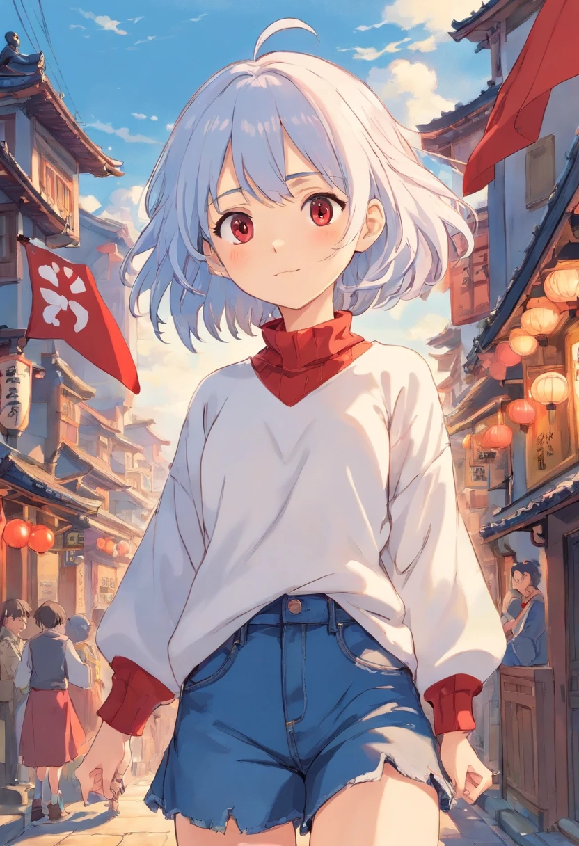 1girl, roupa: saia jeans azul, White sweater drawing flag of Japan, cabelo vermelho, cabelo longo, Saying goodbye with your hands, obra-prima, melhor qualidade, altamente detalhado
