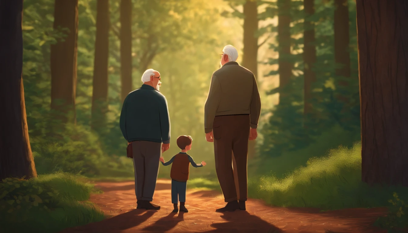 Very old man and his young grandson, both with happy expressions, talk about the future, one in front of the other, standing in front of a forest, strong and beautiful trees, animation style