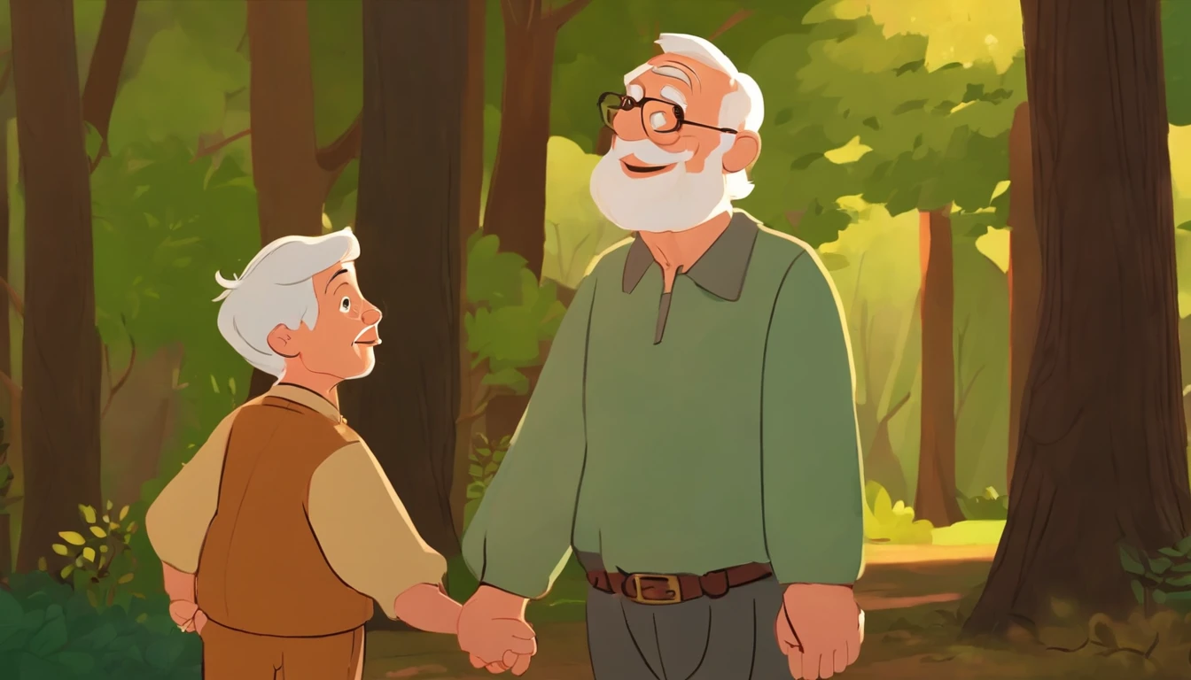 Very old man and his young grandson, both with happy expressions, talk about the future, one in front of the other, standing in front of a forest, strong and beautiful trees, animation style