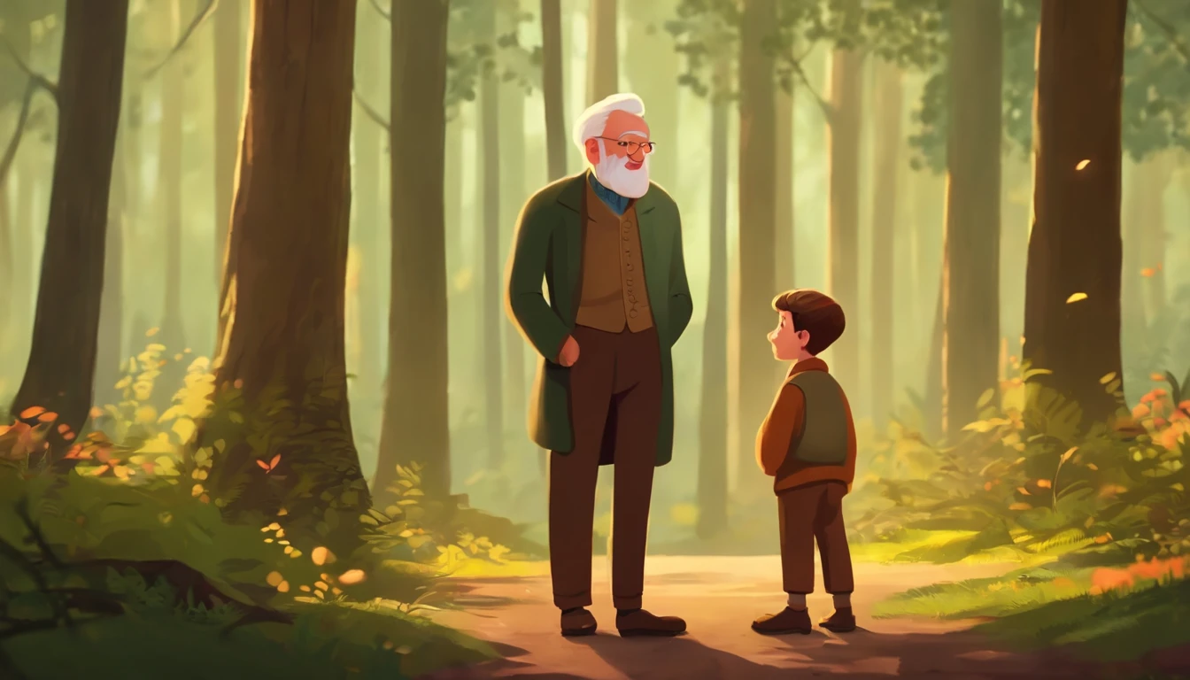 Very old man and his young grandson, both with happy expressions, talk about the future, one in front of the other, standing in front of a forest, strong and beautiful trees, animation style