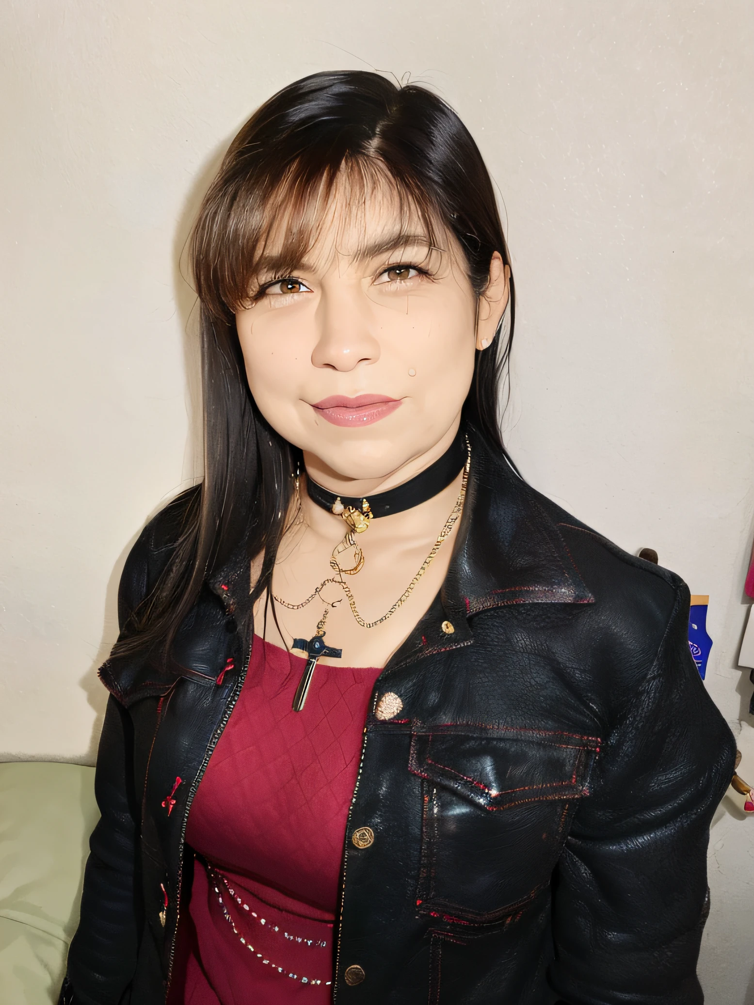Hay una mujer con un estrangulador y un collar en el cuello, lorena avarez, alanis guillen, estefania villegas burgos, Magda Torres Gurza, pilar, Hermosa mujer mexicana, inspired by Márta Lacza, con gargantilla negra, adriana dxim, inspirado por Judith Gutierrez, inspired by Gina Pellón