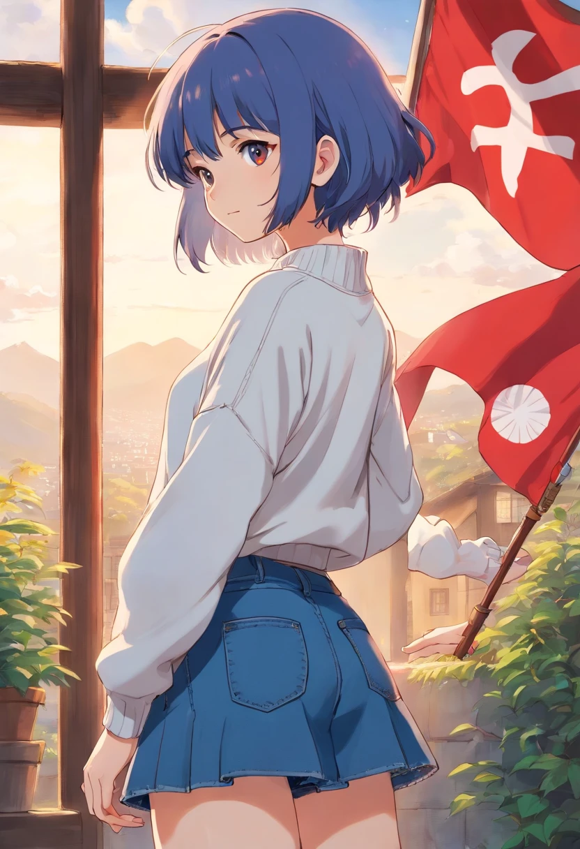 1girl, roupa: saia jeans azul, White sweater drawing flag of Japan, cabelo vermelho, cabelo longo, Saying goodbye with your hands, obra-prima, melhor qualidade, altamente detalhado