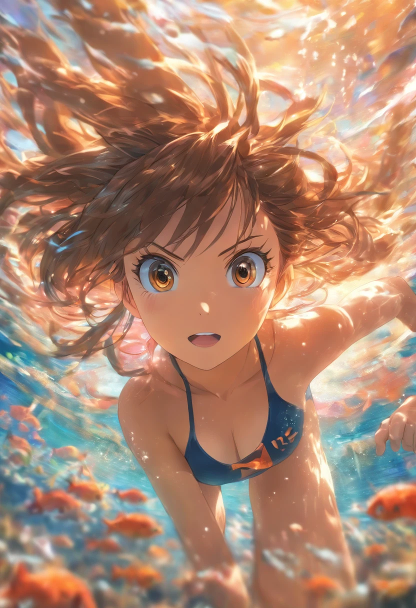 foreshortening, profundidade de campo, master part, best quality, 1girl, brown hair, olhos castanhos, cabelos longos, underwater, bolha de ar, sozinho, Olhando para o Viewer, school school swimsuit, swimming, luz solar fraca,