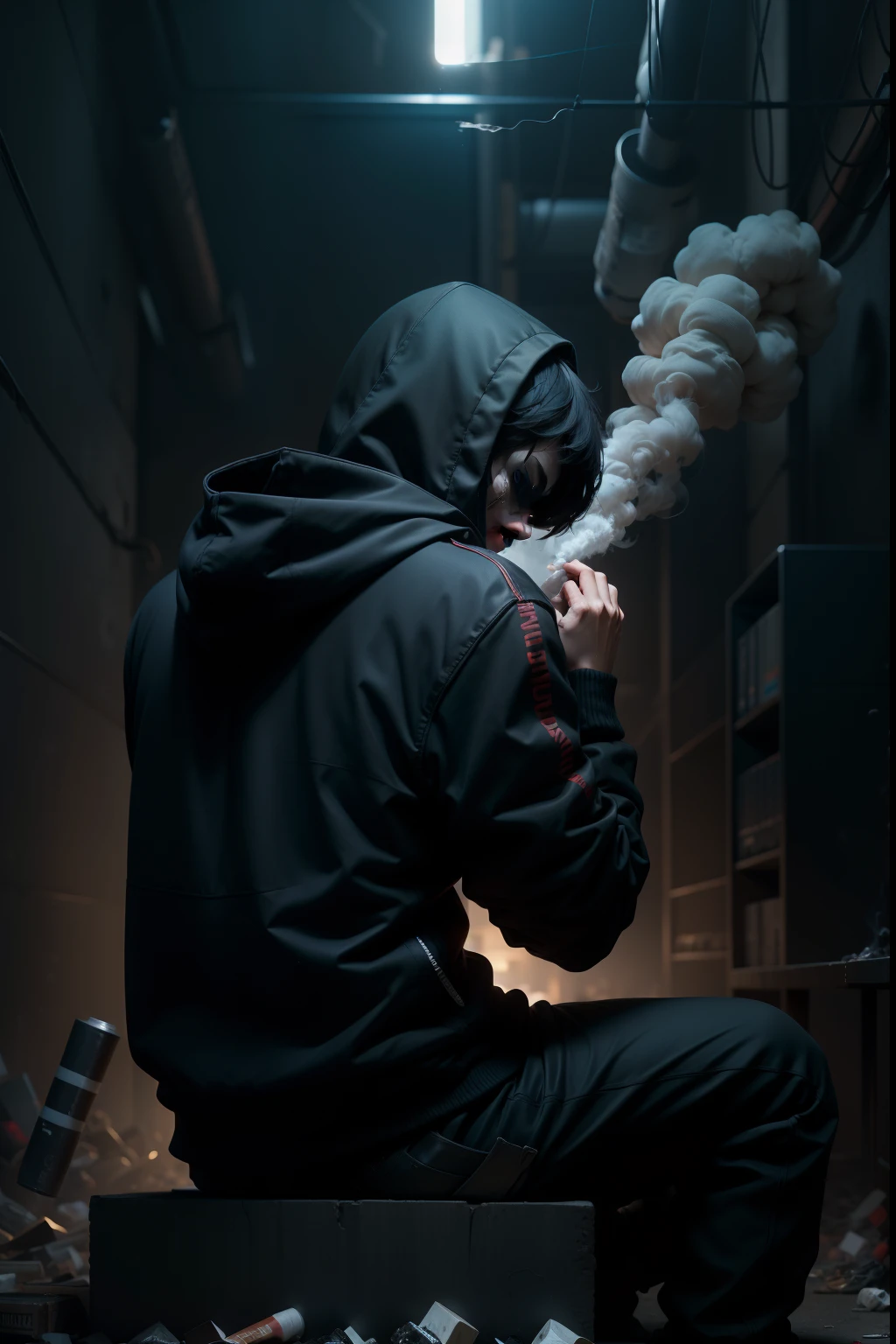 A Rude boy (Short Hair One Way) who wearing Long Black Hoodie backside view, Hide Face, Can't See Face, without face, Back View , sitting, sad, crying in the darkness, scattering cigarettes and obiously smoke nearly him, Nightmares, mid night photo manipulation,