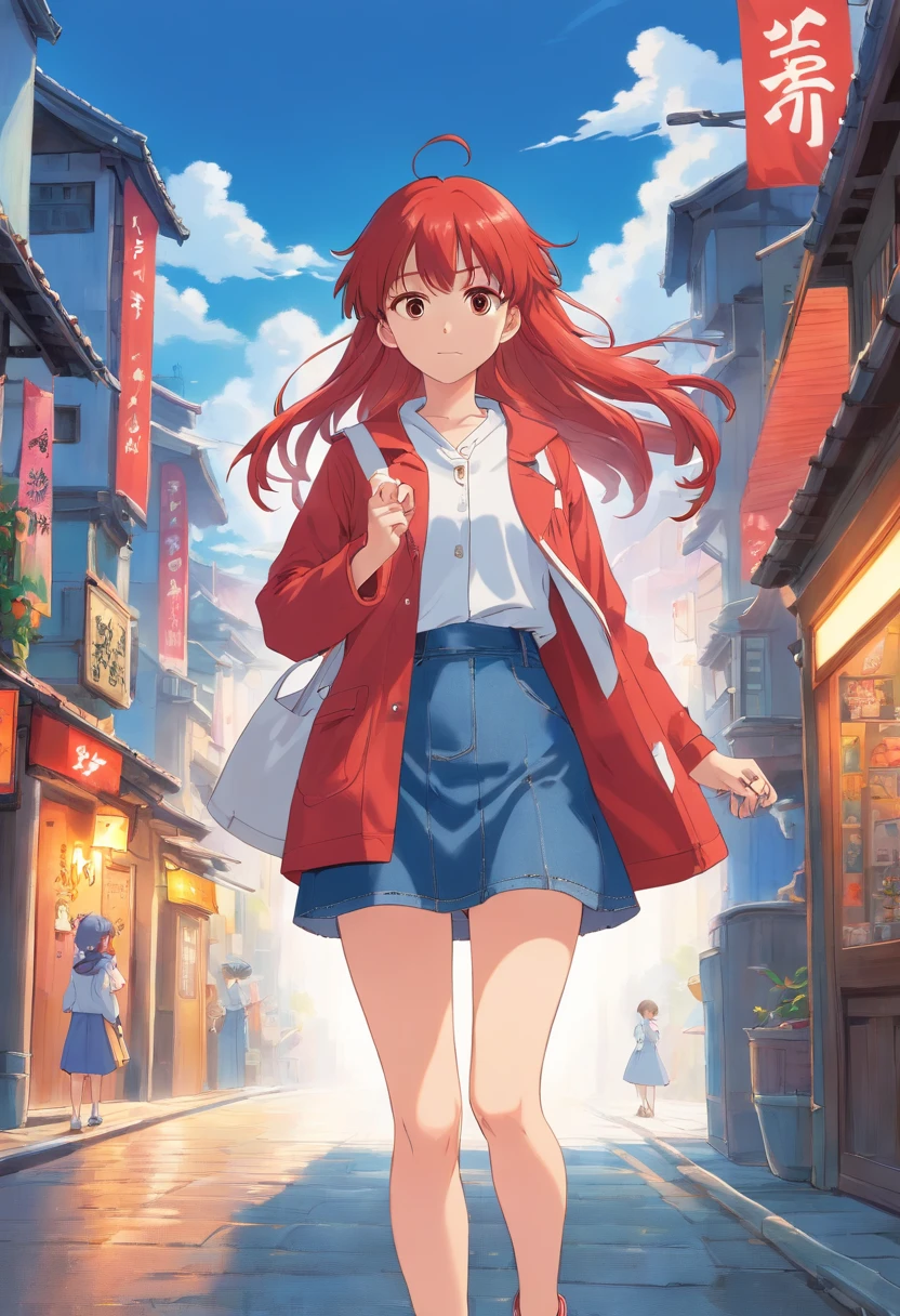 1girll, garments: Blue denim skirt, Flag Japan white coat, red hair, Long hair, Say goodbye with your hands, tmasterpiece, best qualityer, highly detailed