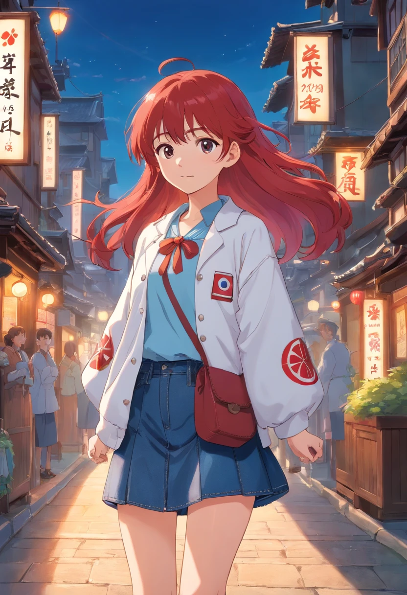 1girll, garments: Blue denim skirt, Flag Japan white coat, red hair, Long hair, Say goodbye with your hands, tmasterpiece, best qualityer, highly detailed