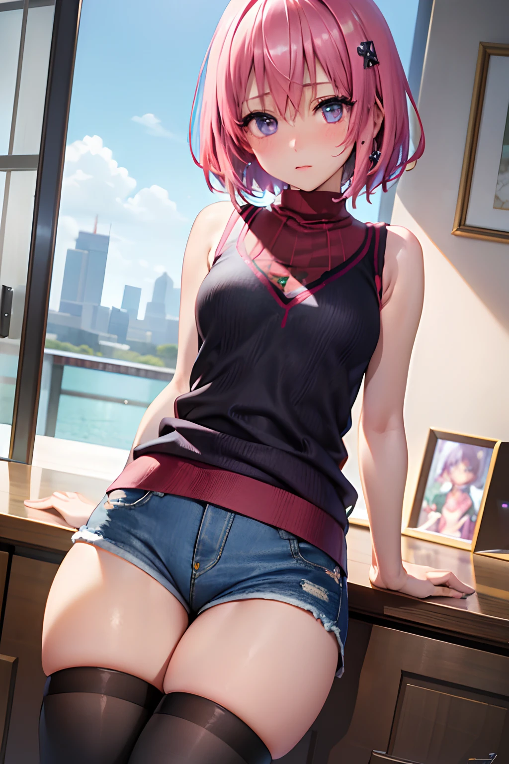 (top-quality:1.1), (masterpiece:1.4), (absurderes:1.0), portlate, a closeup,
1girl in、Momovelia Deviluk、hair adornments、bob cuts、Shorthair pink hair、a purple eye、Medium chest、((Knitted tops))、looking at the viewers、Bedroom、(red blush:1.2)、embarassed expression、(((Black High Socks)))、on the beds、((Short length leggings))、((Denim hot pants))、((Sleeveless knitwear))