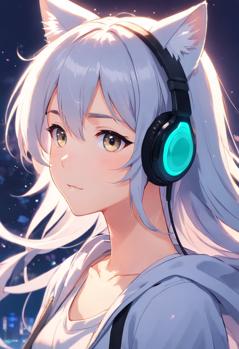 Silver-colored hair,Super Long Hair,light skinned,Vocaloid style,cat ear,headphones,Transparent background