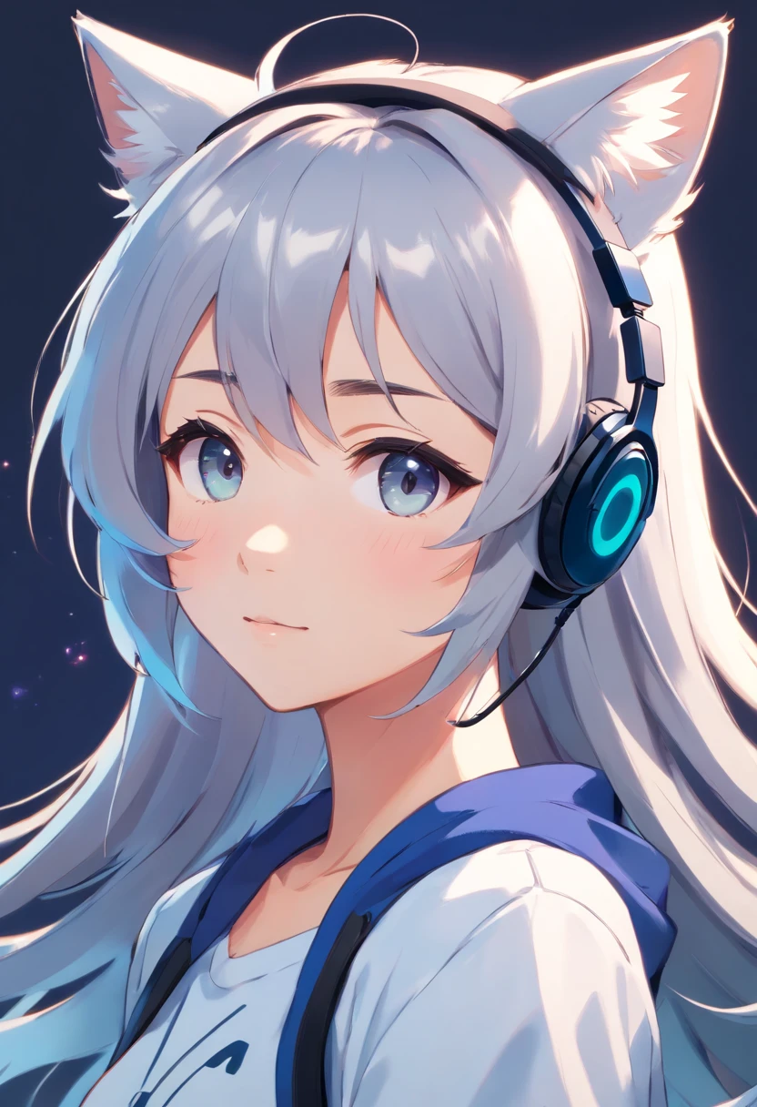 Silver-colored hair，Super Long Hair，light skinned，Vocaloid style，cat ear，headphones，Transparent background