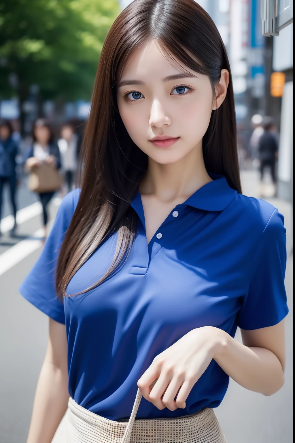 hyper realisitc, full-body, beautiful woman, typical tokyo fashion, beautiful legs, hyper realisitic detailed eyes, kind face, very natural detailed face complexion, blue shirt