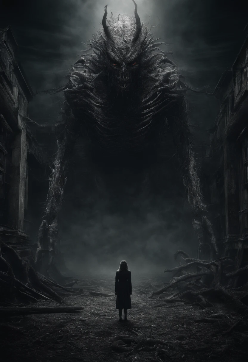 A young woman stands next to an image of a monster in a dark room, no estilo do realismo suave da pincelada, dystopian landscapes, Moda KEI, castanho escuro e cinzento, Cabincore, pintura por gotejamento, 8K resolution,