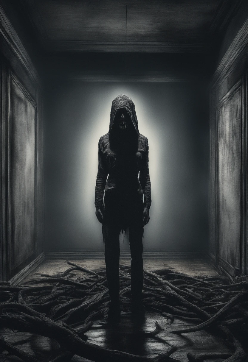 A young woman stands next to an image of a monster in a dark room, no estilo do realismo suave da pincelada, dystopian landscapes, Moda KEI, castanho escuro e cinzento, Cabincore, pintura por gotejamento, 8K resolution,