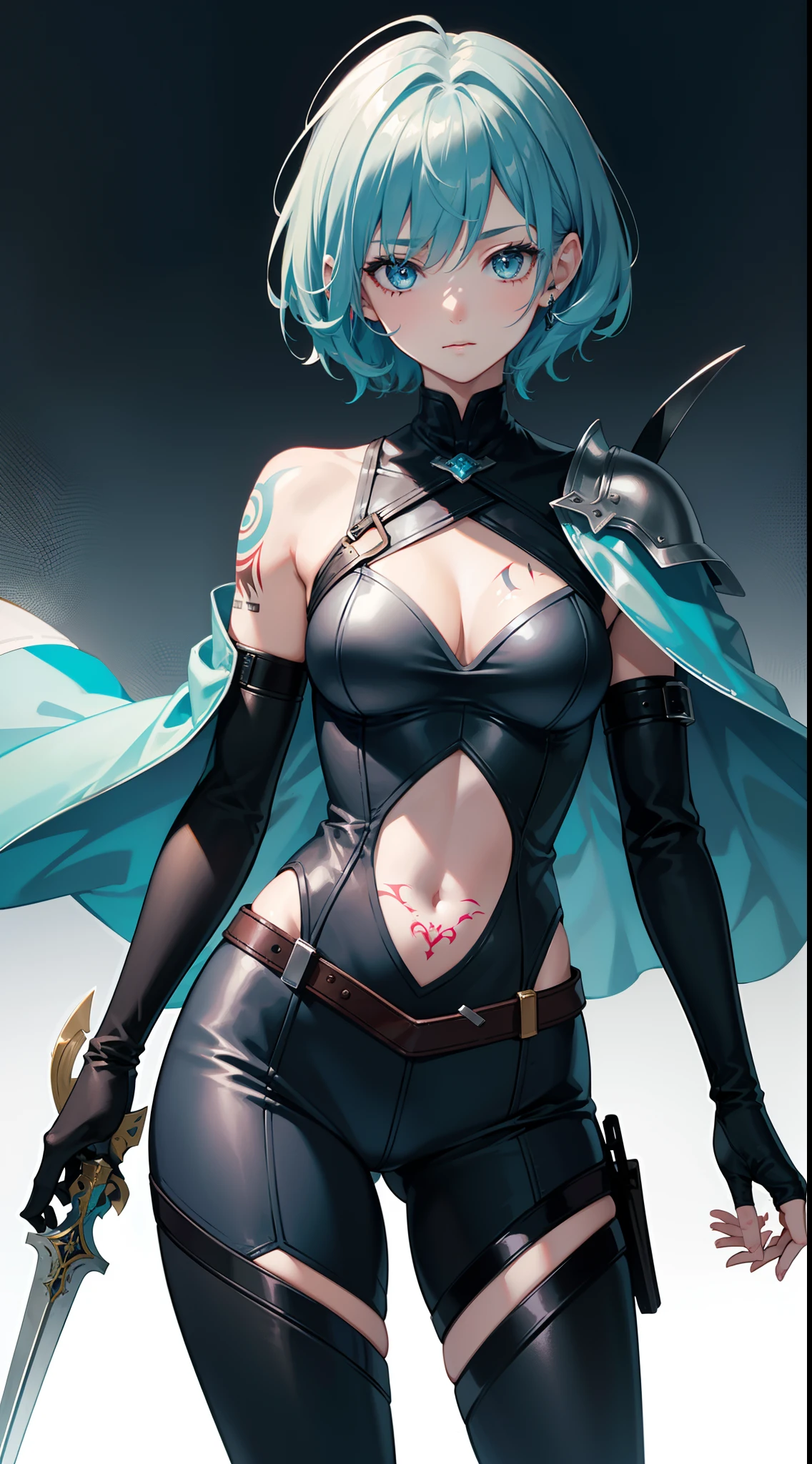 young girl, short gray hair, tomboy, Cyan eyes, Scars, Tatoo, Blue leather cloak, breeches, two swords, open breasts, Masterpiece, hiquality, 4k, HD, Good detail