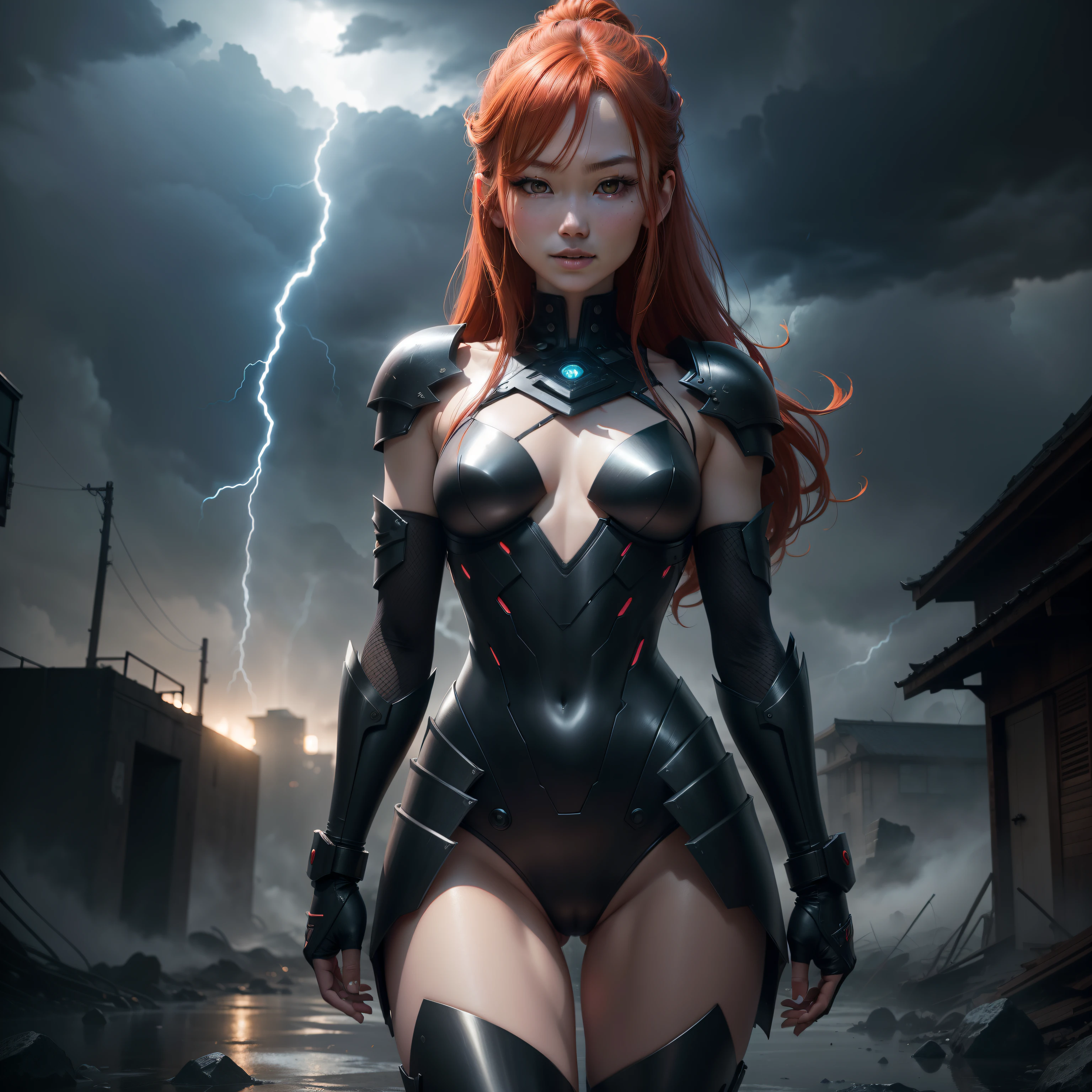 Natural redhead woman fighting otherworldly fighting machine, Full Body Pose,, resent, half-opened mouth,Stylish updated hairstyles, hair in bun, Straight hair, Pretty Face, face perfect, Thunderstorm in the background, Destroyed otherworldly palace, Flame and thunder, Facial features are、Aya Yamamoto and Marina Matsui、It is a mix of Asuka Saito and Mao Akiyama, petite body, The photo looks like it was taken with a Sony A7 III, Professional Photographer, dark ambiance, Edge lighting, Cinematic, witchcraft, Full body portrait, Hyper realistic, Beautiful face, 8K, Full body portrait, Elegant, Natural lighting, Sharp Focus, Very detailed face, bright and smooth bright skin, Beautiful face, Smiling, Happy, nffsw, Beautiful soft skin, 50 millimeters, low illuminance, dark and mysterious atmosphere, Vivid skin, Photorealism,Exposed underwear,Chest exposed,Shiny black iron armor,Skinny Legs,