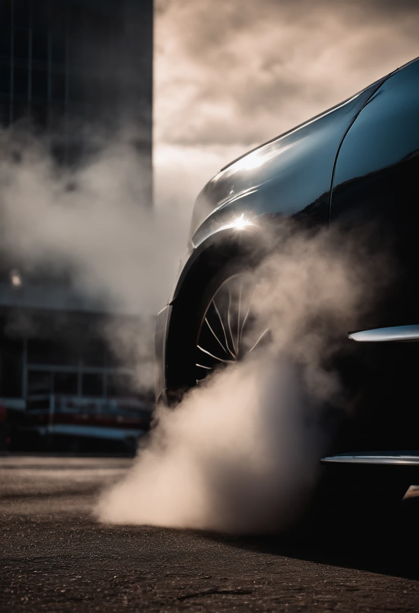 Car exhaust,Thick and billowing cloud of car exhaust, urban surroundings, The car is emitted with thick exhaust fumes,hight contrast,