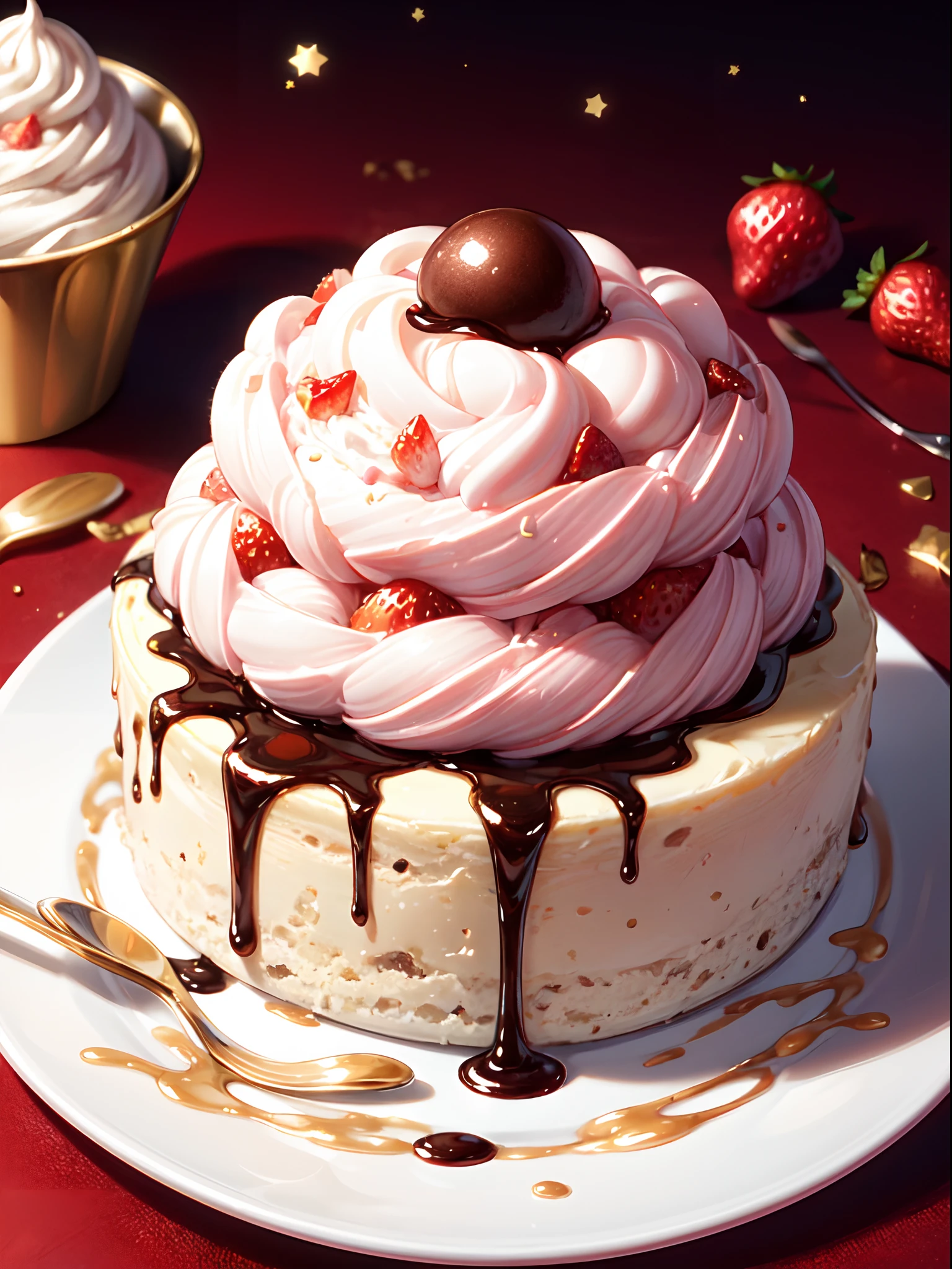 Strawberry ice cream in cone, cute pinguin shaped ice cream, with sprinkles on toping, chocolate sauce, delicious, (masterpiece:1.3)