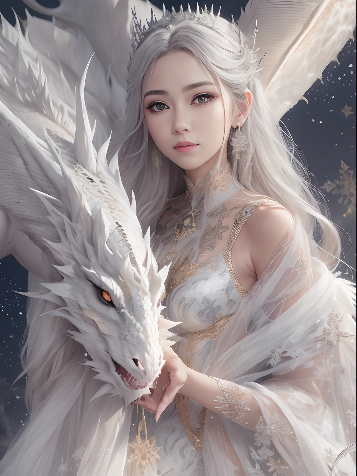 16k(tmasterpiece,K HD | | |,hiper HD,16k)long flowing white hair,Quarto de joias no quarto dos fundos,rei branco, coroa de rainha, white dragon, Princess of Dragons, peitos grandes e pesados,Dragon Protector (realista:1.4),Python standard costume,Tiara roxo-rosa,Snowflakes fluttering,The background is pure,Keep your head up,Tenha orgulho,As narinas olham para as pessoas, A high resolution, O detalhe, Foto RAW, sharp re, Nikon D850 Film Stock Photo by Jefferies Lee 4 Kodak Portra 400 F1 Camera.6 tiros, cores ricas, Vivid ultra-realistic textures, dramatic lighting, Unreal Trend Engine Art Station, Cinestir 800,Keep your head up,Tenha orgulho, riqueza de detalhes, tecido tule, vestido com decote deslumbrante, As narinas olham para as pessoas, fotografia de corpo inteiro.