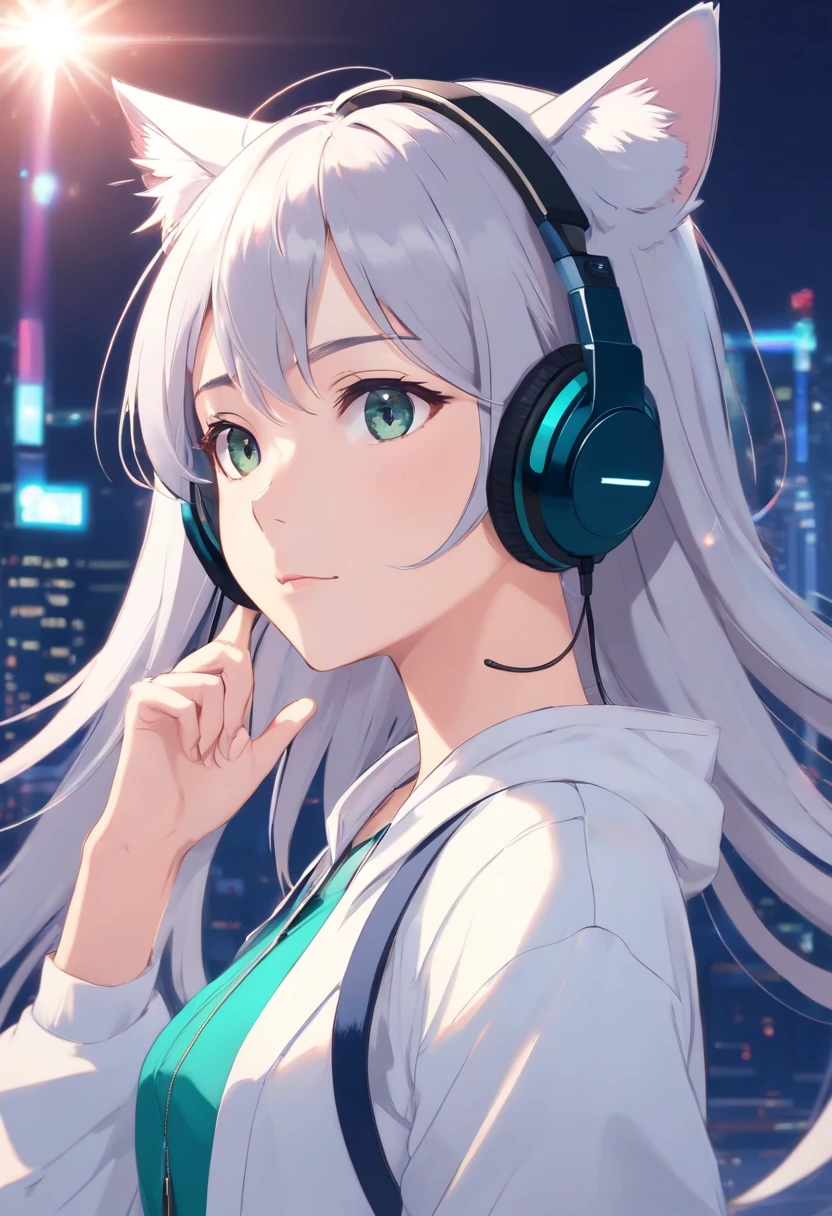 Silver-colored hair,Super Long Hair,light skinned,Vocaloid style,cat ear,headphones,A sexy,Whitelita,permeance,A person fits in an image