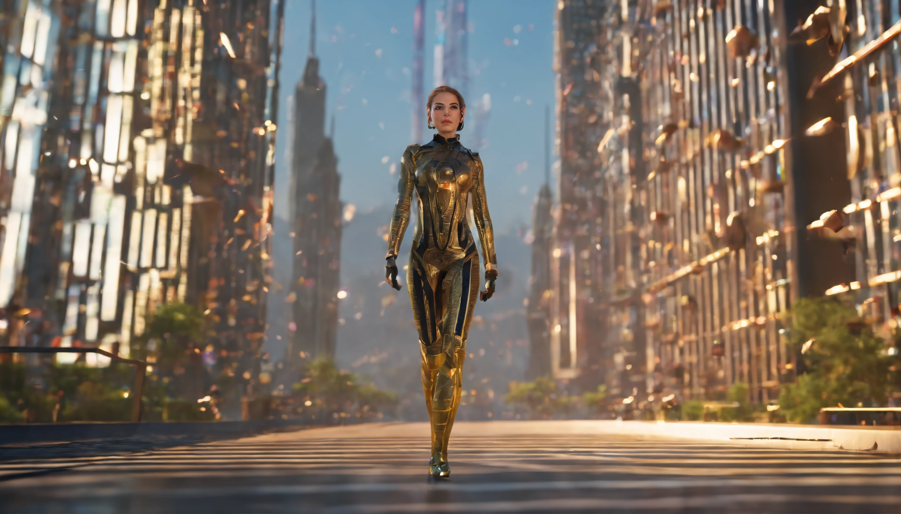 (((best quality))), (((masterpiece))), solo, super fine photo, full body picture Unreal Engine 5 8K UHD, beautiful girl, face detailed, wearing skin tight metallic latex catsuit with gold lace, latex collar, latex gloves, latex long socks with straps, arm and leg cuffs, unified 8k wallpaper, hyper detailed, sharp focus, walking in the futuristic city.