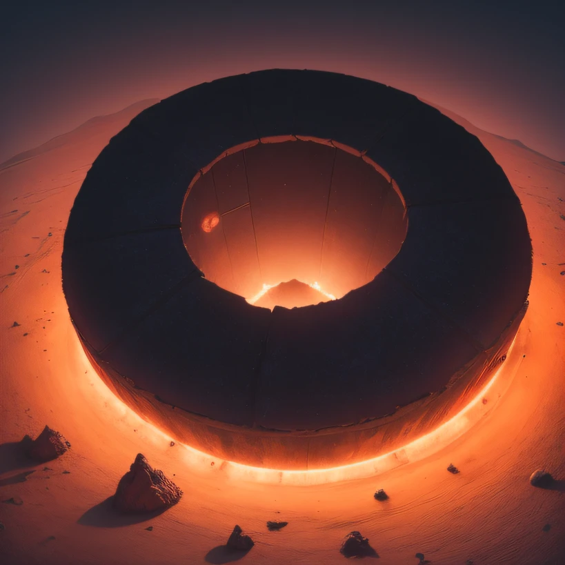 Alien base (Very detailed) In the mountainous desert,There are several exhaust fans and chimneys, Some spotlights come out of the base to illuminate dark places, (Extreme nights), Some clouds in the night sky, Some of the surrounding planets provide air to unknown planets,The farthest giant volcano is erupting