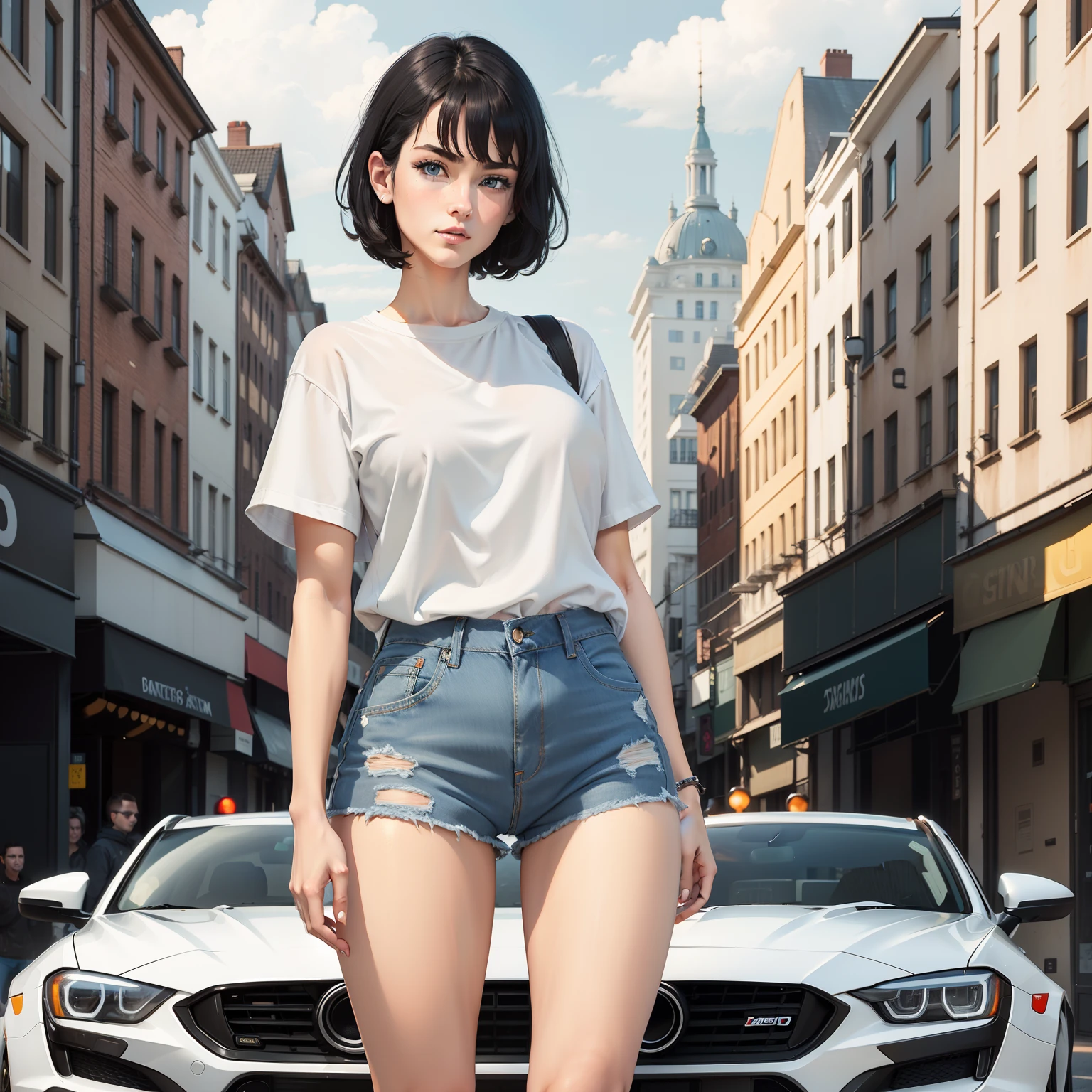 1girl, short black hair, blue eyes, wearing plain white shirt, denim shorts, city, absurdres, high res, ultrasharp, 8K, masterpiece, looking at viewer