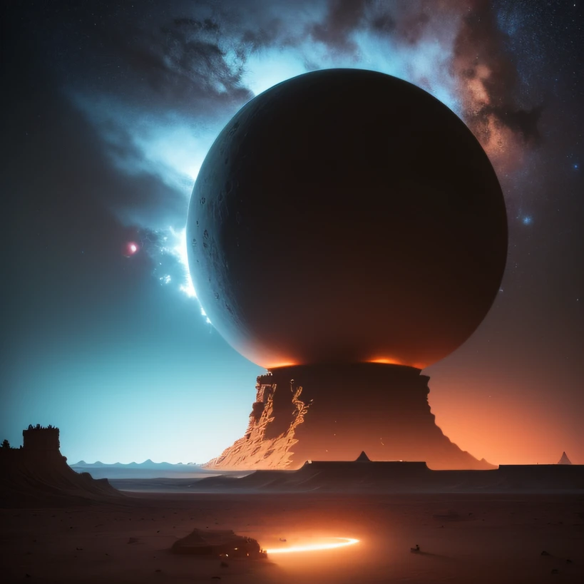 Alien base (Very detailed) In the mountainous desert,There are several exhaust fans and chimneys, Some spotlights come out of the base to illuminate dark places, (Extreme nights), Some clouds in the night sky, Some of the surrounding planets provide air to unknown planets,The farthest giant volcano is erupting