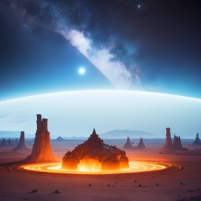 Alien base (Very detailed) In the mountainous desert,There are several exhaust fans and chimneys, Some spotlights come out of the base to illuminate dark places, (Extreme nights), Some clouds in the night sky, Some of the surrounding planets provide air to unknown planets,The farthest giant volcano is erupting