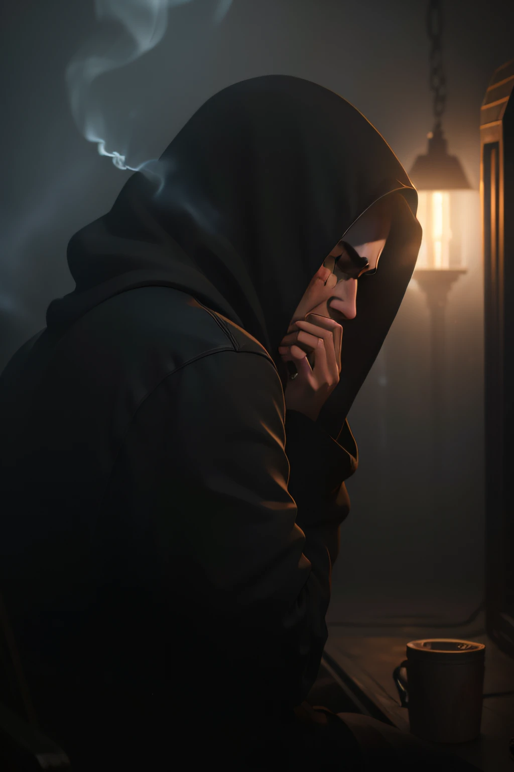 A Rude boy (Short Hair One Way) who wearing Long Black Hoodie backside view, Hide Face, Can't See Face, without face, Back View , sitting, sad, crying in the darkness, scattering cigarettes and obiously smoke nearly him, Nightmares, mid night photo manipulation,