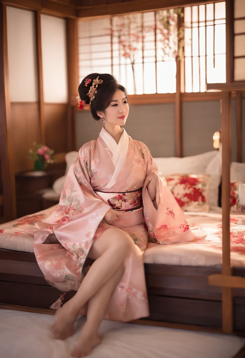 a mature female,Japan Woman,Raised sexy,big breasts exposed cleavage,Lie down in bed,Long legs,A Japanese-style room,Sakura kimono,Cute,nakeness,Delicate bare