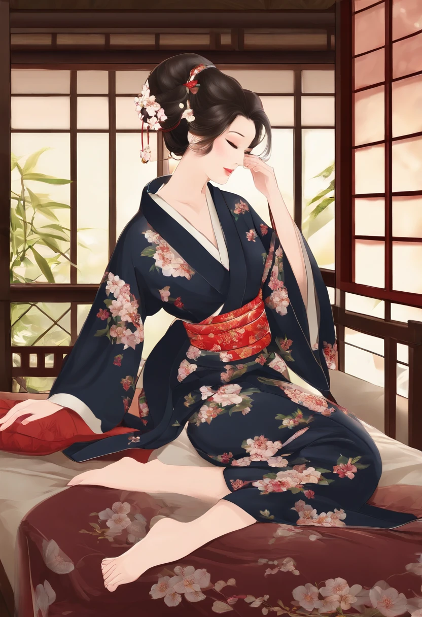 a mature female，Japan  Woman，Raised sexy，big breasts exposed cleavage，Lie down in bed，Long legs，A Japanese-style room，Sakura kimono，Cute，nakeness，Delicate bare 