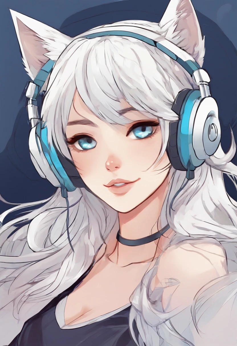 Silver-colored hair，Super Long Hair，light skinned，Vocaloid style，cat ear，headphones，A sexy，Whitelita，