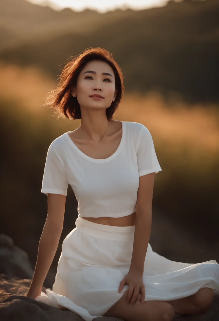 ((of the highest quality, 8K,Raw photo)), (Realistic, Photorealistic: 1.37), (Face Focus: 1.1), Small breasts, flat chest, Short hair, A Japanese Lady、25-years old、(white t-shirts: 1.1)、Skirt, Sitting, Arms up, From below, Sunlight, Movie Lighting, Beautiful girl with windblown hair in twilight sky