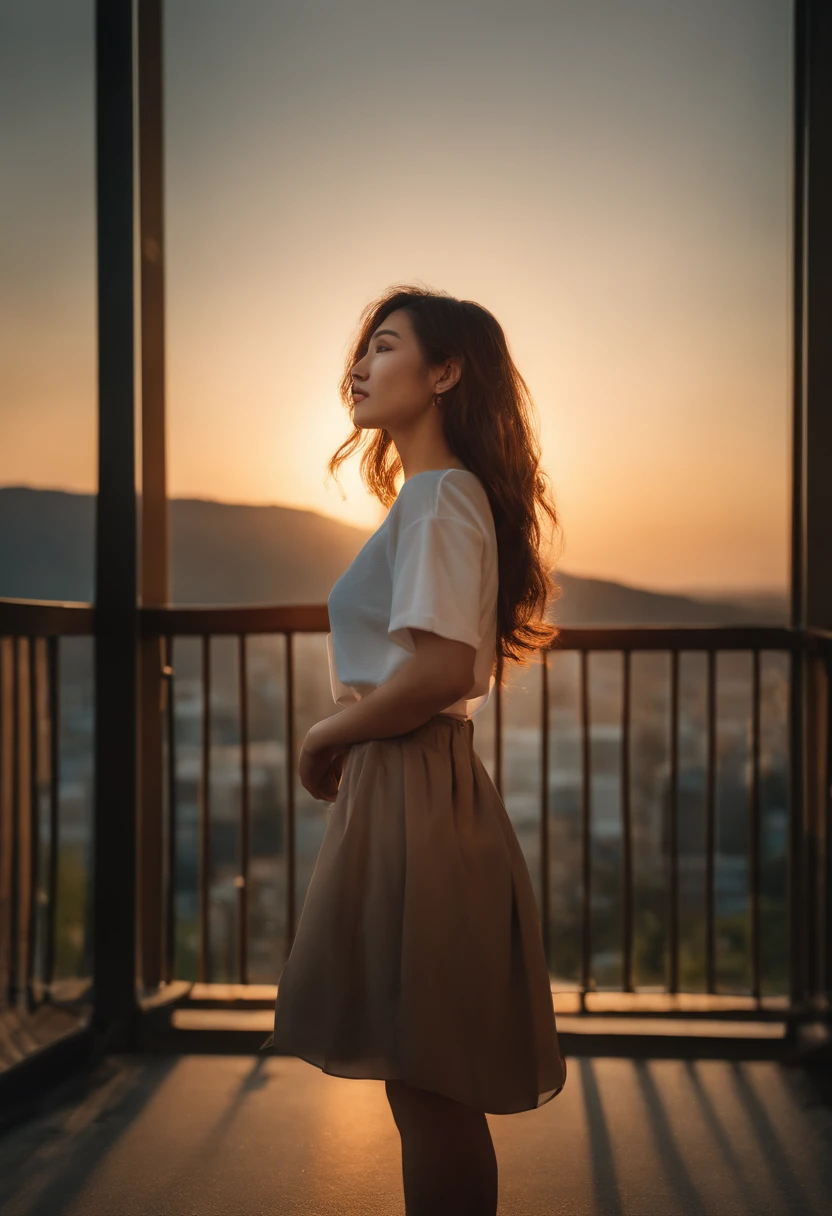 ((of the highest quality, 8K,Raw photo)), (Realistic, Photorealistic: 1.37), (Face Focus: 1.1), Small breasts, flat chest, Short hair, A Japanese Lady、25-years old、(white t-shirts: 1.1)、Skirt, Sitting, Arms up, From below, Sunlight, Movie Lighting, Beautiful girl with windblown hair in twilight sky