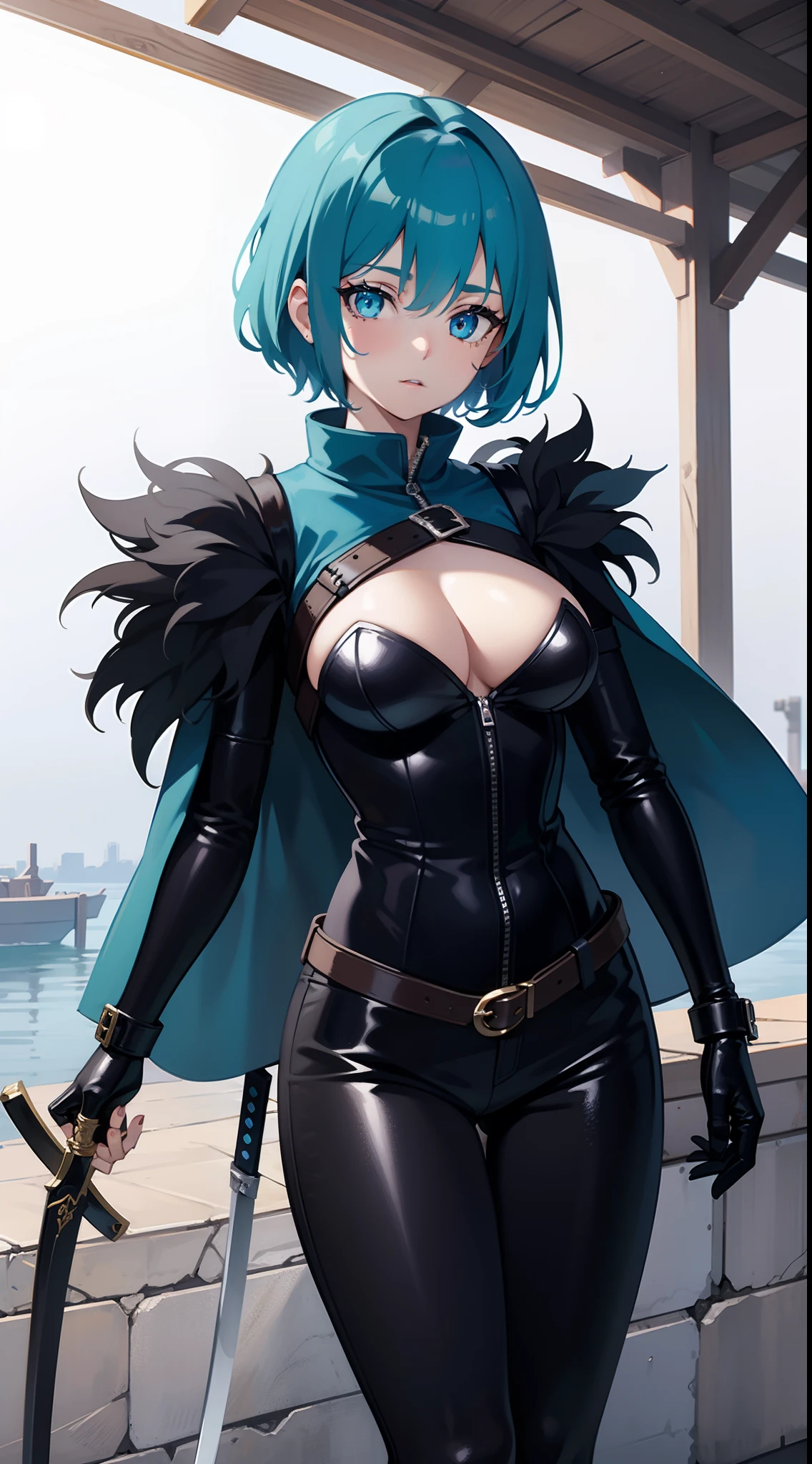 young girl, short gray hair, tomboy, Cyan eyes, Scars, Tatoo, Blue leather cloak, breeches, two swords, open breasts, Masterpiece, hiquality, 4k, HD, Good detail