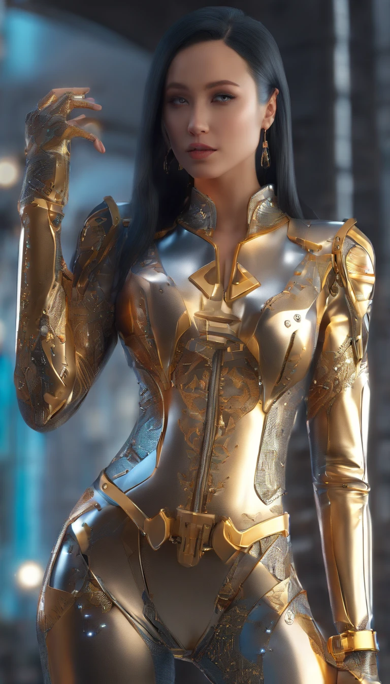 (((best quality))), (((masterpiece))), solo, super fine photo, full body picture Unreal Engine 5 8K UHD, beautiful girl, face detailed, wearing skin tight metallic latex catsuit with gold lace, latex collar, latex gloves, latex long socks with straps, arm and leg cuffs, unified 8k wallpaper, hyper detailed, sharp focus, walking in the futuristic city.