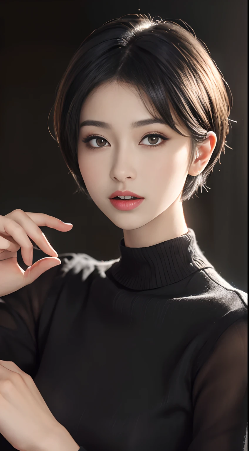 (masterpiece:1.3), (8k, photorealistic, RAW photo, best quality: 1.4), (1girl), beautiful face, (realistic face), (black hair, short hair:1.3), beautiful hairstyle, realistic eyes, beautiful detailed eyes, (realistic skin), beautiful skin, (sweater), absurdres, attractive, ultra high res, ultra realistic, highly detailed, golden ratio