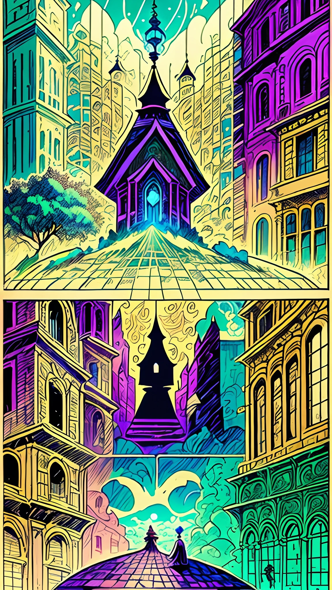 Comic storyboard,A romantic utopian scene,Comic book style,Colorful comics,People live in peace,The building is up to splendor,medieval times,Age of Magic,rainbowing,A traveling mage occupies the center of the frame,Chanting mantras with closed eyes,tmasterpiece,ultra-clear,extreme hight detail --auto --s2