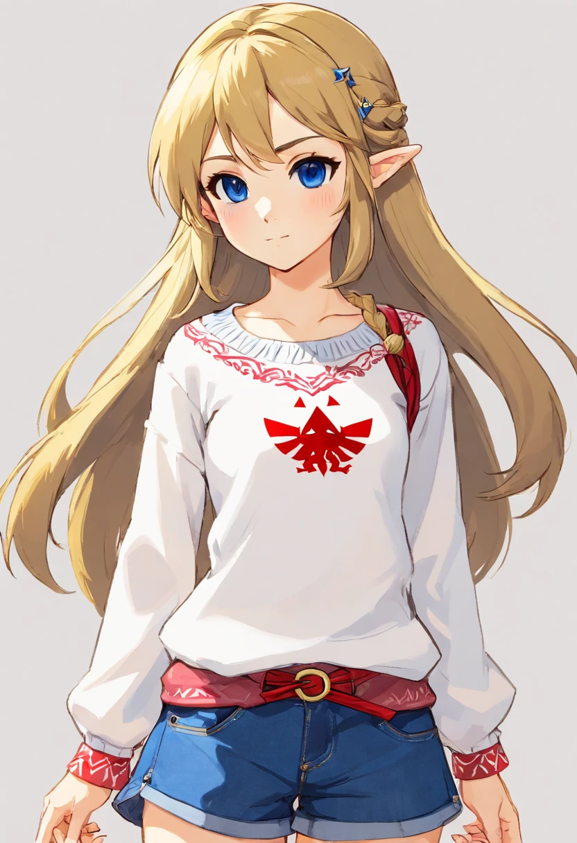 1girl, roupa: saia jeans azul, White sweater drawing flag of Japan, cabelo vermelho, cabelo longo, Saying goodbye with your hands, obra-prima, melhor qualidade, altamente detalhado