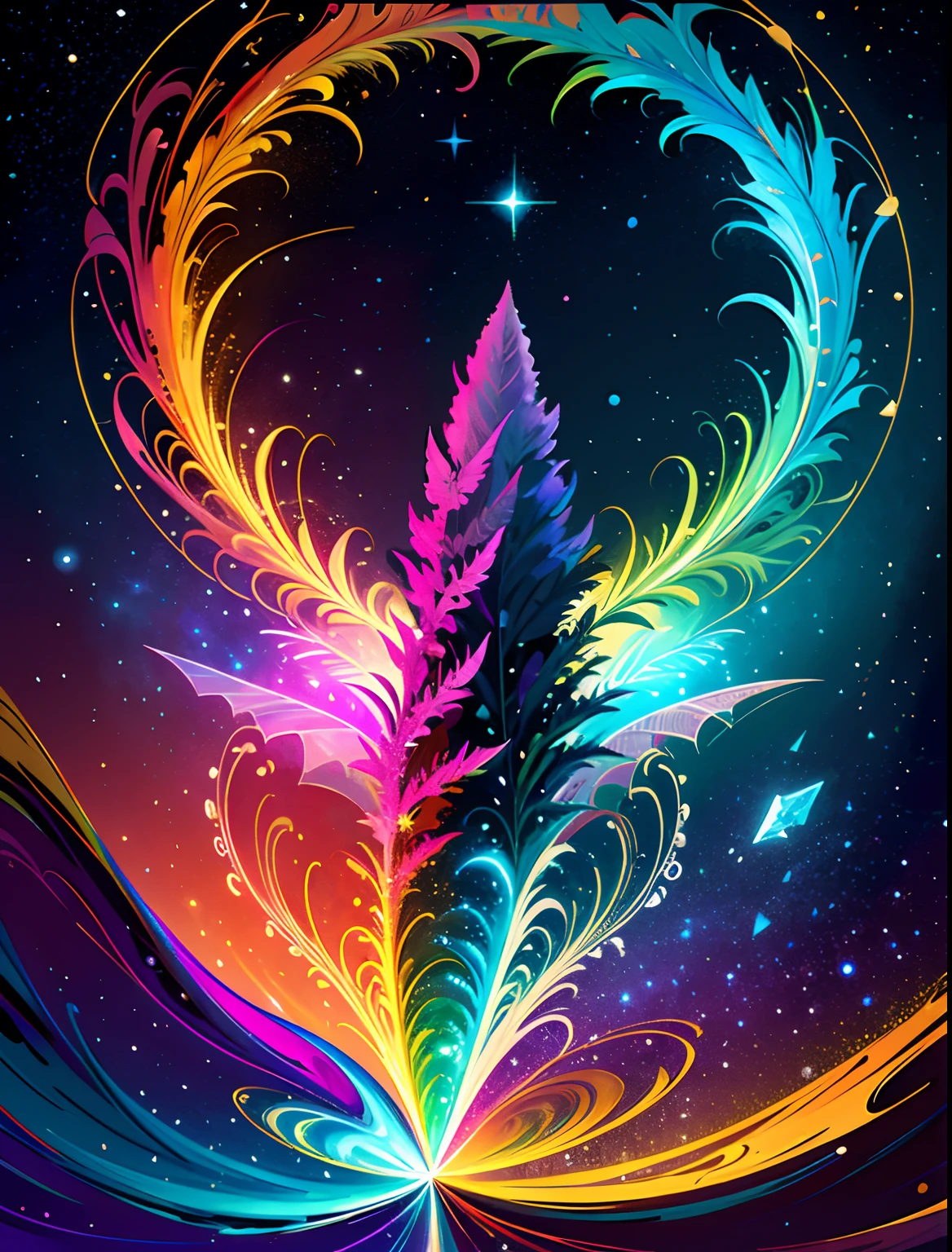 close up ((( Train )))ganja, fronds, marijuana, ganja, ((Illustration)), Colorful, Wallpaper, energy, Unknown terror, secret, magical environment, magical environment, magic wands, Books, Flying pages, omniscient, Predicting the future, Understanding the past, Frost magic, Warlock, Magic Circle, Pentagram, Spells, Chant Magic, Stylish close-ups, Fashionable, Perfect, Graceful kindness, Trendy Artstation, Romance, passion, Cool, Lovers, Lovers, Touch, Weasel from the galaxy of underwater stars, hyperdetails, retrofuturistic, Abstract Art, Art by Leonid Afremov, kandinsky, psychedelic --v 6
