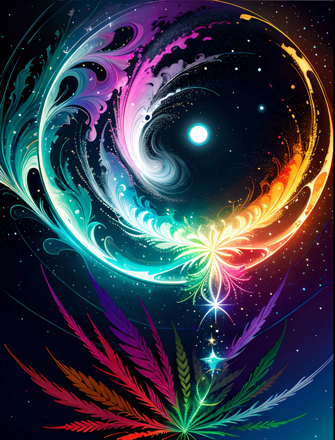 close up ((( Train )))ganja, fronds, marijuana, ganja, ((Illustration)), Colorful, Wallpaper, energy, Unknown terror, secret, magical environment, magical environment, magic wands, Books, Flying pages, omniscient, Predicting the future, Understanding the past, Frost magic, Warlock, Magic Circle, Pentagram, Spells, Chant Magic, Stylish close-ups, Fashionable, Perfect, Graceful kindness, Trendy Artstation, Romance, passion, Cool, Lovers, Lovers, Touch, Weasel from the galaxy of underwater stars, hyperdetails, retrofuturistic, Abstract Art, Art by Leonid Afremov, kandinsky, psychedelic --v 6