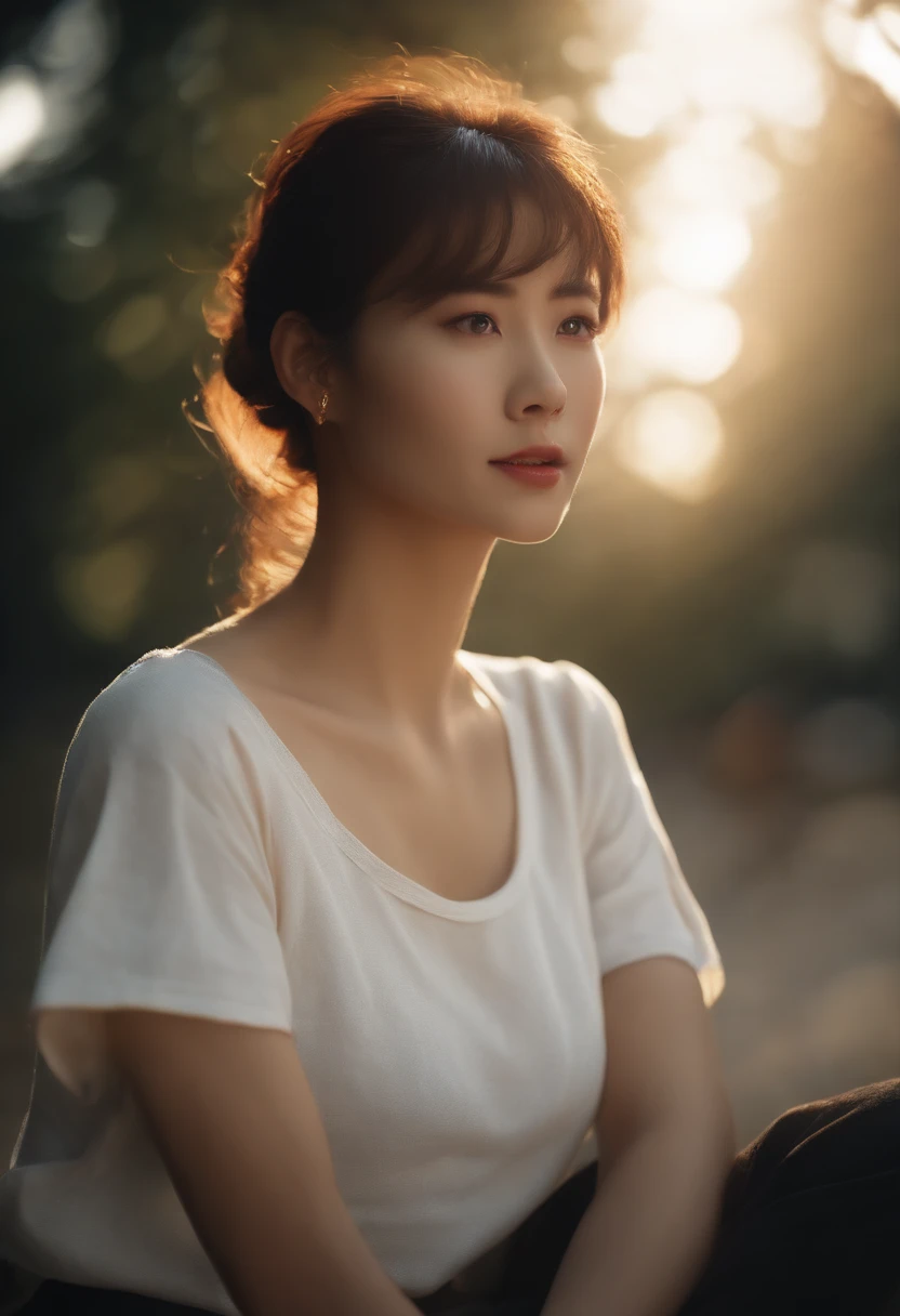 ((of the highest quality, 8K,Raw photo)), (Realistic, Photorealistic: 1.37), (Face Focus: 1.1), Small breasts, flat chest, Short hair, A Japanese Lady、25-years old、idol、(white t-shirts: 1.1)、Skirt, Sitting, Arms up, From below, Sunlight, Movie Lighting, Beautiful girl with windblown hair in twilight sky