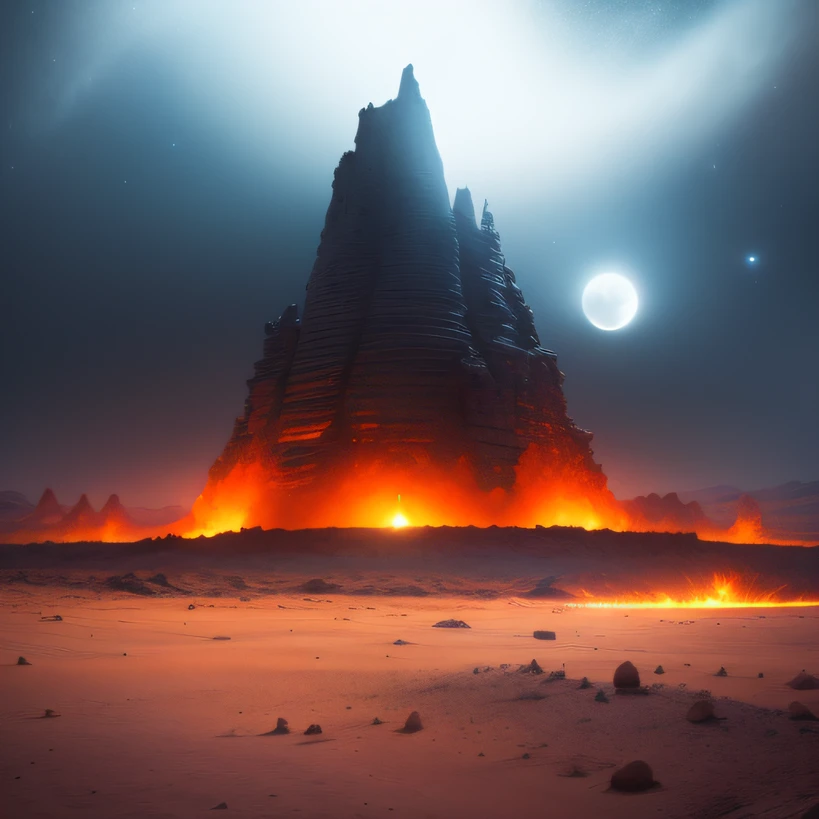 Alien base (Very detailed) In the mountainous desert，There are several exhaust fans and chimneys, Some spotlights come out of the base to illuminate dark places, (Extreme nights), Some clouds in the night sky, Some of the surrounding planets provide air to unknown planets，The farthest giant volcano is erupting