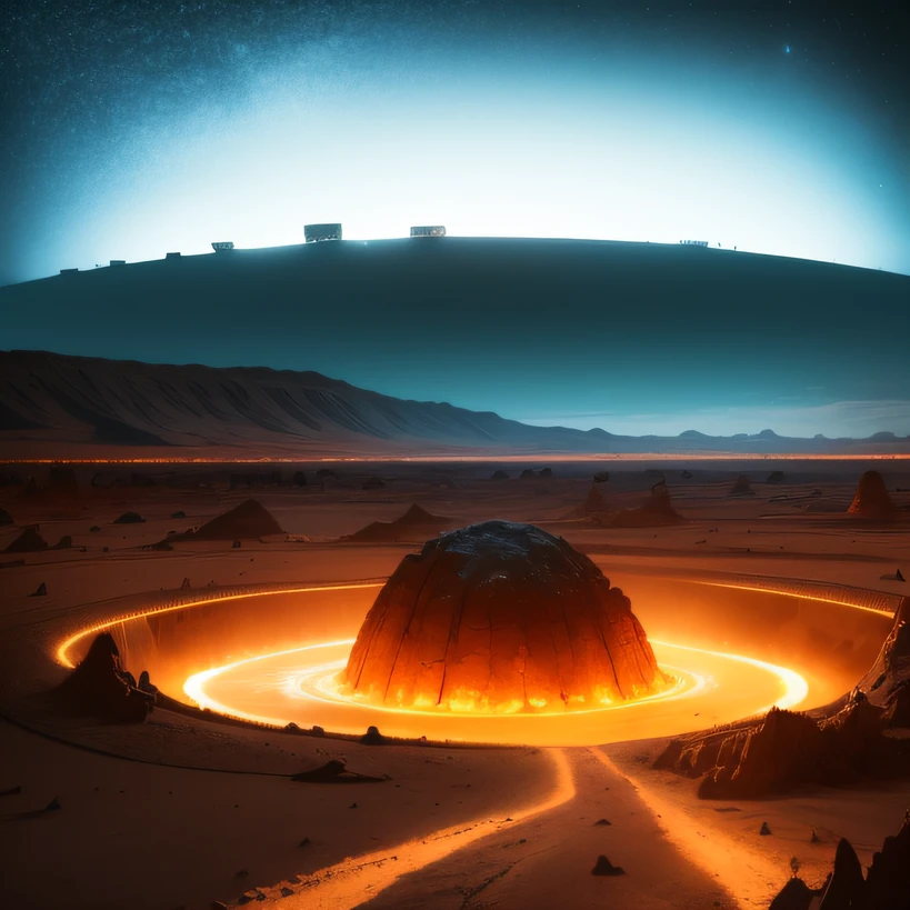 Alien base (Very detailed) In the mountainous desert，There are several exhaust fans and chimneys, Some spotlights come out of the base to illuminate dark places, (Extreme nights), Some clouds in the night sky, Some of the surrounding planets provide air to unknown planets，The farthest giant volcano is erupting