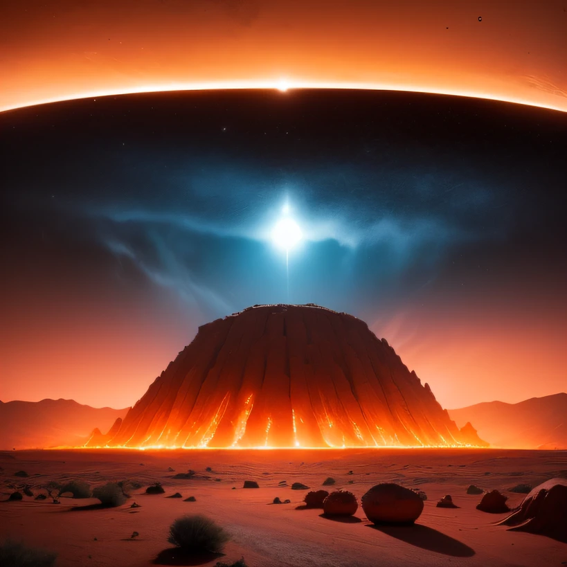 Alien base (Very detailed) In the mountainous desert，There are several exhaust fans and chimneys, Some spotlights come out of the base to illuminate dark places, (Extreme nights), Some clouds in the night sky, Some of the surrounding planets provide air to unknown planets，The farthest giant volcano is erupting