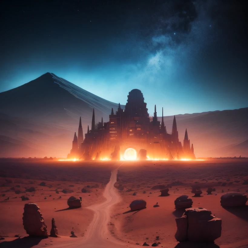 Alien base (Very detailed) In the mountainous desert,There are several exhaust fans and chimneys, Some spotlights come out of the base to illuminate dark places, (Extreme nights), Some clouds in the night sky, Some of the surrounding planets provide air to unknown planets,The farthest giant volcano is erupting