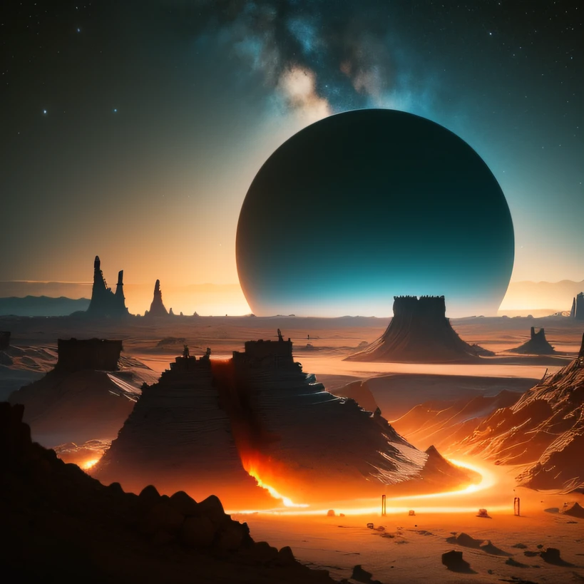 Alien base (Very detailed) In the mountainous desert，There are several exhaust fans and chimneys, Some spotlights come out of the base to illuminate dark places, (Extreme nights), Some clouds in the night sky, Some of the surrounding planets provide air to unknown planets，The farthest giant volcano is erupting